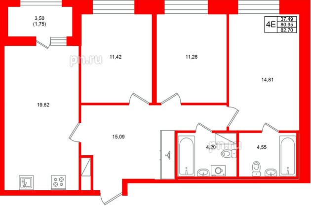 Квартира в ЖК «Аквилон Солар», 3 комнатная, 82.7 м², 3 этаж