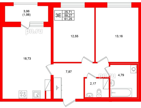 Квартира в ЖК «Аквилон Солар», 2 комнатная, 61.25 м², 8 этаж