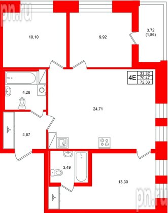 Квартира в ЖК «Аквилон Солар», 3 комнатная, 72.33 м², 11 этаж