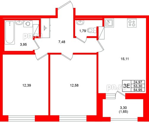 Квартира в ЖК «Аквилон Солар», 2 комнатная, 54.95 м², 10 этаж