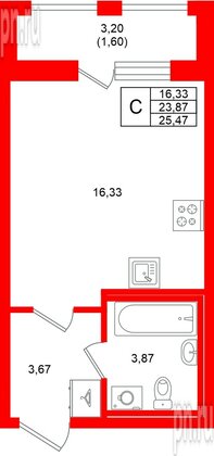 Квартира в ЖК «Аквилон Солар», студия, 25.47 м², 2 этаж
