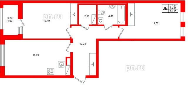 Квартира в ЖК «Аквилон Солар», 2 комнатная, 61.15 м², 11 этаж