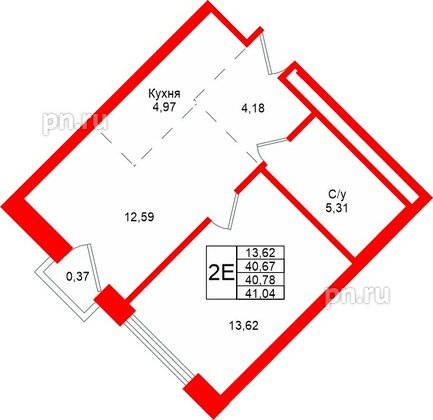 Квартира в ЖК «Северный ветер», 1 комнатная, 41.04 м², 9 этаж