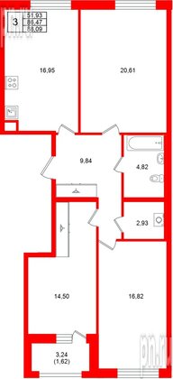 Квартира в ЖК «Аквилон Солар», 3 комнатная, 88.09 м², 2 этаж