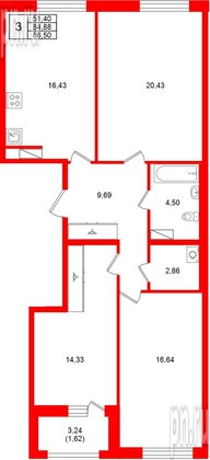 Квартира в ЖК «Аквилон Солар», 3 комнатная, 86.5 м², 10 этаж