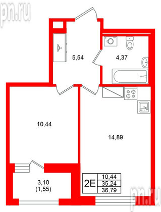 Квартира в ЖК «Аквилон Солар», 1 комнатная, 36.79 м², 10 этаж