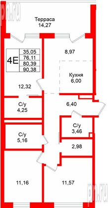 Квартира в ЖК «Северный ветер», 3 комнатная, 90.38 м², 8 этаж