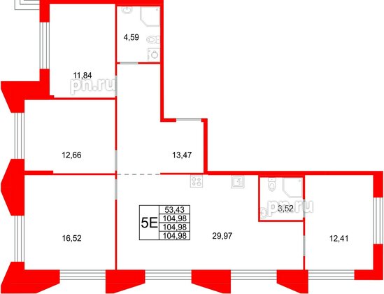 Квартира в ЖК «Галерная Гавань», 4 комнатная, 104.98 м², 11 этаж