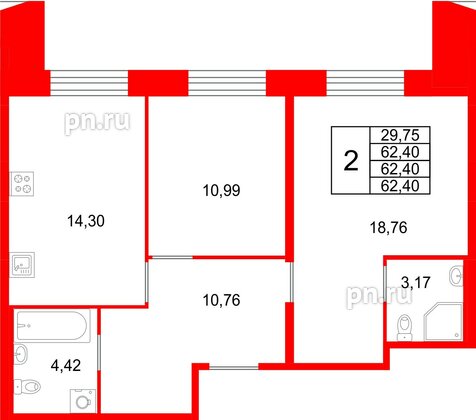 Квартира в ЖК «Галерная Гавань», 2 комнатная, 62.4 м², 2 этаж