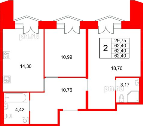 Квартира в ЖК «Галерная Гавань», 2 комнатная, 62.4 м², 5 этаж