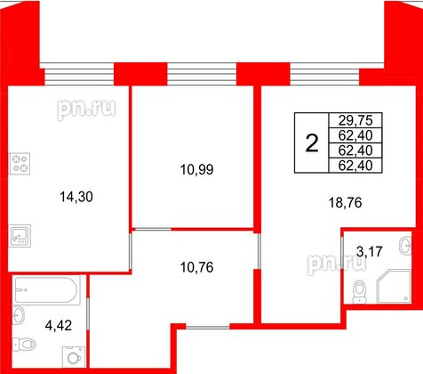 Квартира в ЖК «Галерная Гавань», 2 комнатная, 62.4 м², 8 этаж
