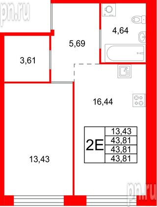 Квартира в ЖК «Галерная Гавань», 1 комнатная, 43.81 м², 4 этаж