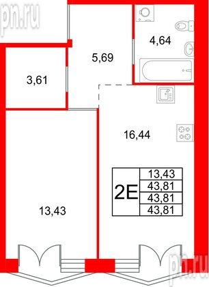 Квартира в ЖК «Галерная Гавань», 1 комнатная, 43.81 м², 5 этаж