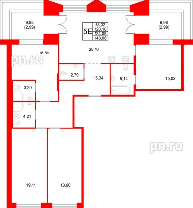 Квартира в ЖК «Галерная Гавань», 4 комнатная, 134.08 м², 12 этаж