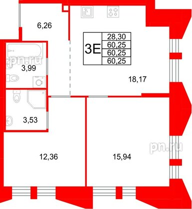 Квартира в ЖК «Галерная Гавань», 2 комнатная, 60.25 м², 7 этаж