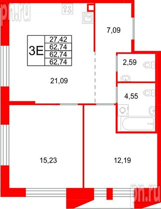 Квартира в ЖК «Галерная Гавань», 2 комнатная, 62.74 м², 4 этаж