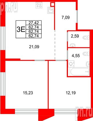 Квартира в ЖК «Галерная Гавань», 2 комнатная, 62.74 м², 11 этаж