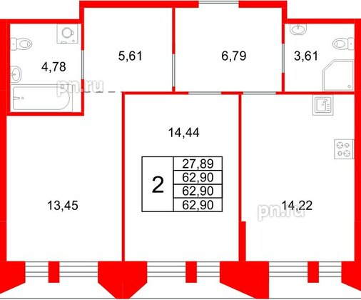Квартира в ЖК «Галерная Гавань», 2 комнатная, 62.9 м², 4 этаж