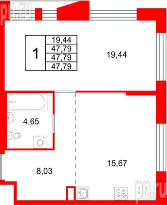Квартира в ЖК «Галерная Гавань», 1 комнатная, 47.79 м², 2 этаж