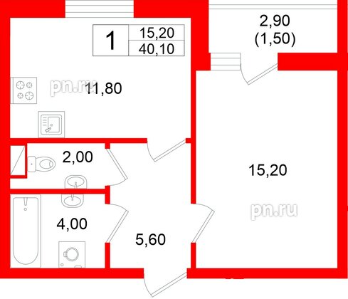 Квартира в ЖК «Дом на Большом Смоленском», 1 комнатная, 40.1 м², 3 этаж
