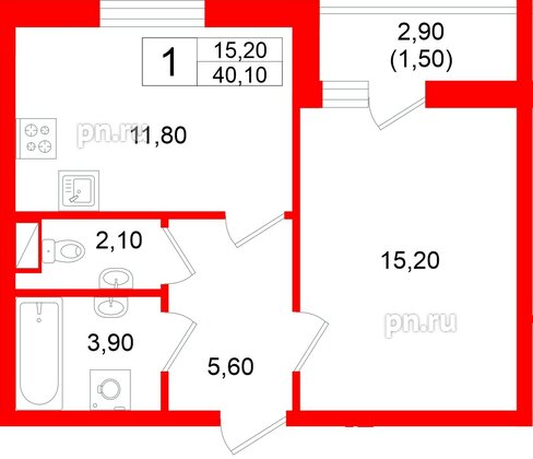 Квартира в ЖК «Дом на Большом Смоленском», 1 комнатная, 40.1 м², 4 этаж