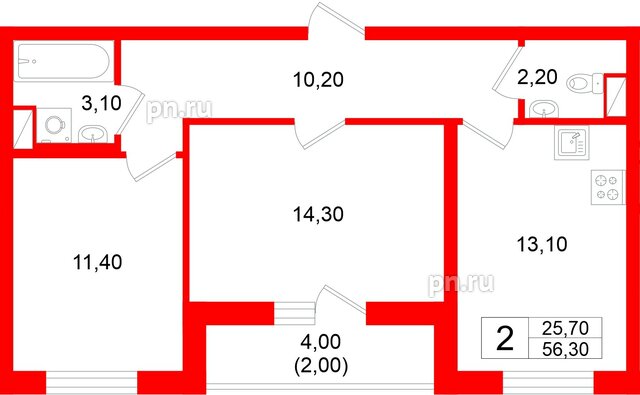 Квартира в ЖК «Дом на Большом Смоленском», 2 комнатная, 56.3 м², 3 этаж