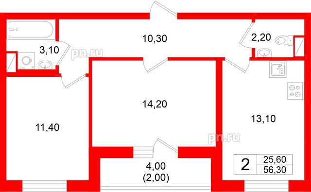 Квартира в ЖК «Дом на Большом Смоленском», 2 комнатная, 56.3 м², 9 этаж