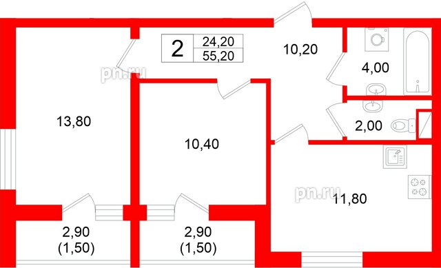 Квартира в ЖК «Дом на Большом Смоленском», 2 комнатная, 55.2 м², 6 этаж