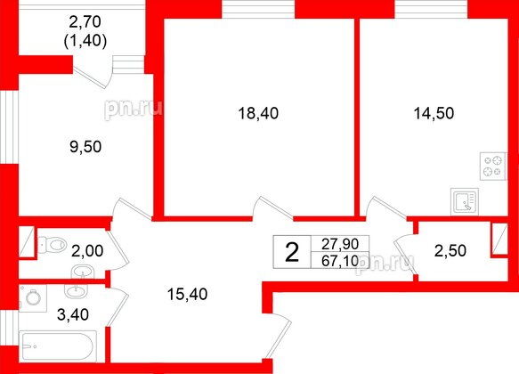 Квартира в ЖК «Дом на Большом Смоленском», 2 комнатная, 67.1 м², 5 этаж