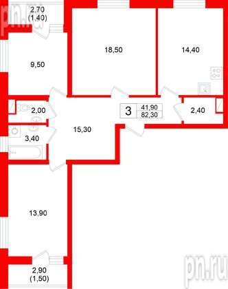 Квартира в ЖК «Дом на Большом Смоленском», 3 комнатная, 82.3 м², 9 этаж