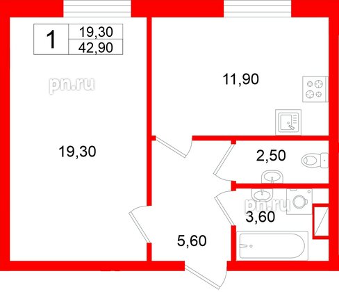 Квартира в ЖК «Дом на Большом Смоленском», 1 комнатная, 42.9 м², 2 этаж