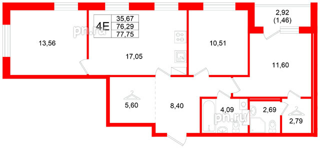 Квартира в ЖК Квартал Заречье, 3 комнатная, 77.75 м², 4 этаж