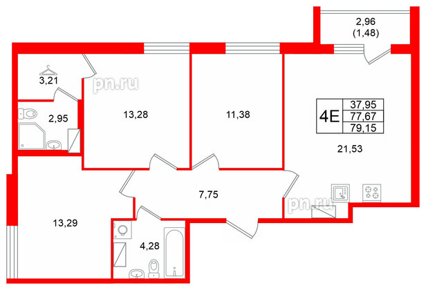 Квартира в ЖК Квартал Заречье, 3 комнатная, 79.15 м², 5 этаж