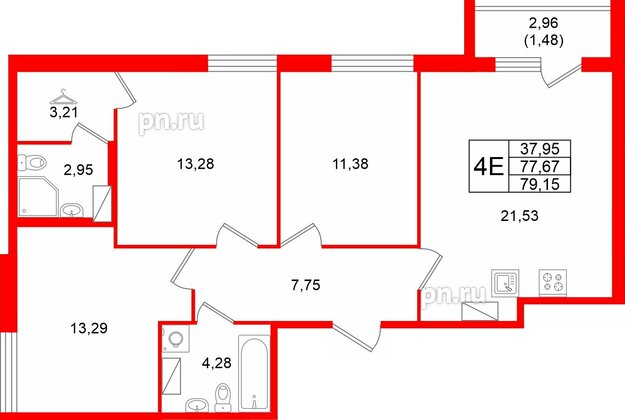 Квартира в ЖК «Квартал Заречье», 3 комнатная, 79.15 м², 8 этаж