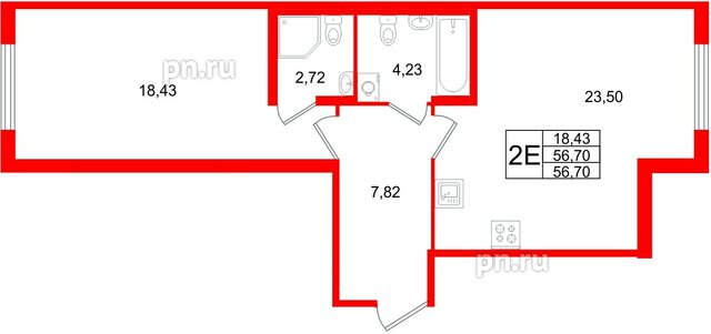 Квартира в ЖК «Квартал Заречье», 1 комнатная, 56.7 м², 1 этаж