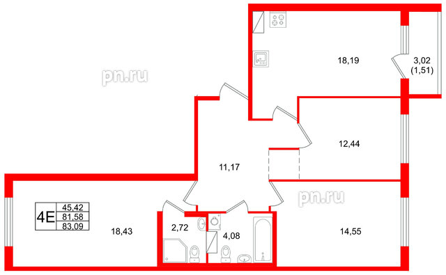 Квартира в ЖК Квартал Заречье, 3 комнатная, 83.09 м², 2 этаж