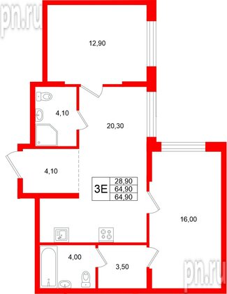 Квартира в ЖК «Ягодное Река Парк», 2 комнатная, 64.9 м², 4 этаж