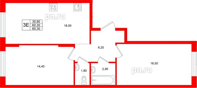 Квартира в ЖК «Ягодное Река Парк», 2 комнатная, 60.3 м², 7 этаж