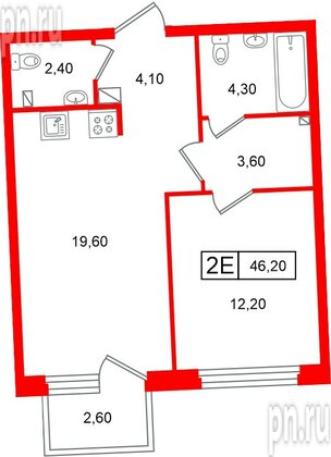 Квартира в ЖК «Цвет Зеленогорска», 1 комнатная, 46.2 м², 2 этаж