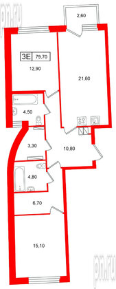 Квартира в ЖК Цвет Зеленогорска, 2 комнатная, 79.7 м², 4 этаж