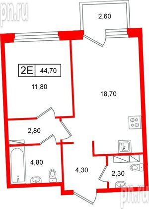 Квартира в ЖК «Цвет Зеленогорска», 1 комнатная, 44.7 м², 4 этаж