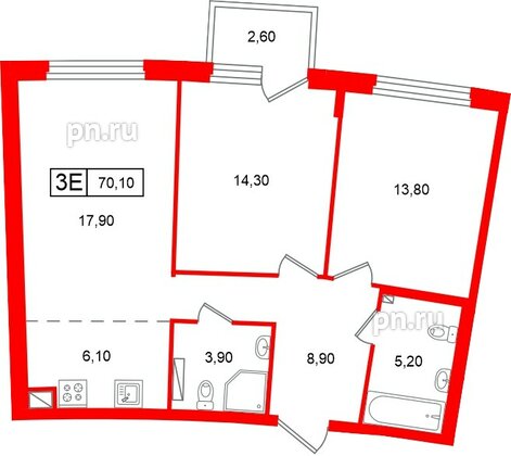 Квартира в ЖК «Цвет Зеленогорска», 2 комнатная, 70.1 м², 3 этаж