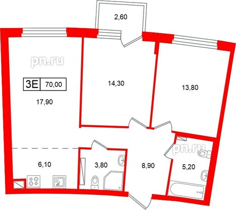 Квартира в ЖК «Цвет Зеленогорска», 2 комнатная, 70 м², 4 этаж
