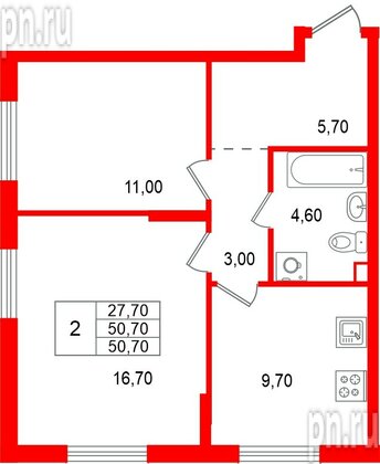 Квартира в ЖК «А101 Всеволожск», 2 комнатная, 50.7 м², 2 этаж