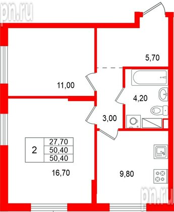 Квартира в ЖК «А101 Всеволожск», 2 комнатная, 50.4 м², 6 этаж
