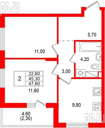 Квартира в ЖК «А101 Всеволожск», 2 комнатная, 47.6 м², 7 этаж