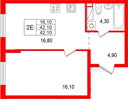 Квартира в ЖК «А101 Всеволожск», 1 комнатная, 42.1 м², 3 этаж