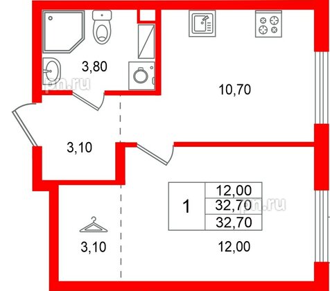 Квартира в ЖК «А101 Всеволожск», 1 комнатная, 32.7 м², 3 этаж