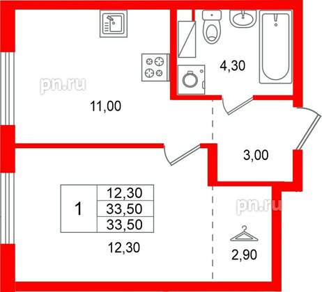 Квартира в ЖК «А101 Всеволожск», 1 комнатная, 33.5 м², 4 этаж