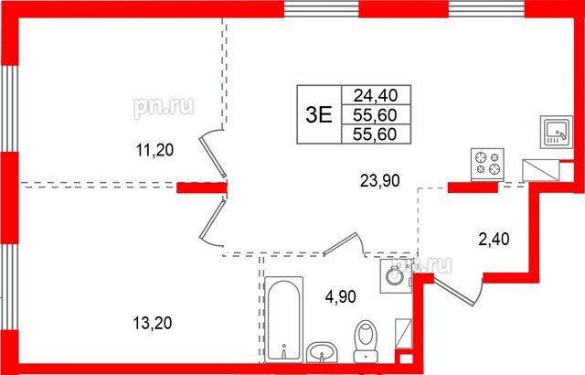 Квартира в ЖК «А101 Всеволожск», 2 комнатная, 55.6 м², 6 этаж